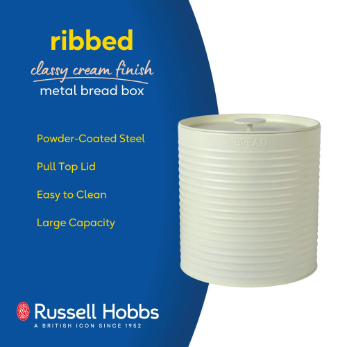 Cream ribbed metal bread box with pull top lid, powder-coated steel, large capacity.