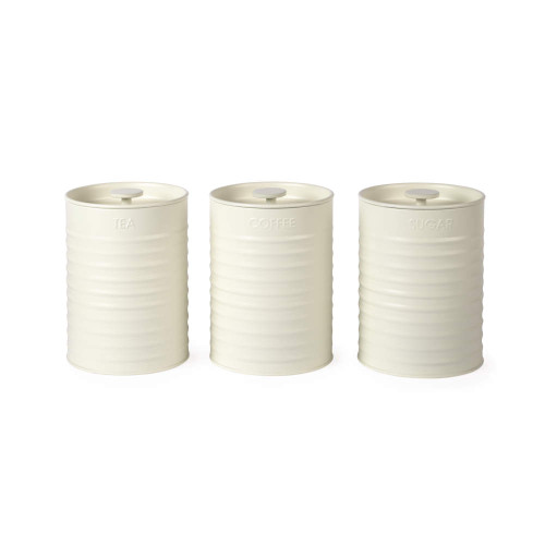 Set of three cream storage canisters labelled tea, coffee, and sugar