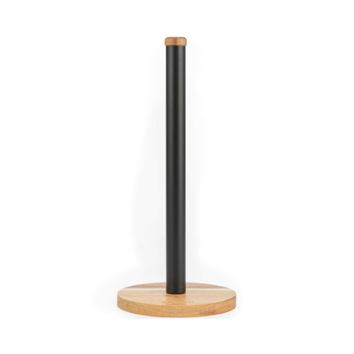 Black and wood kitchen towel holder, upright design on plain background