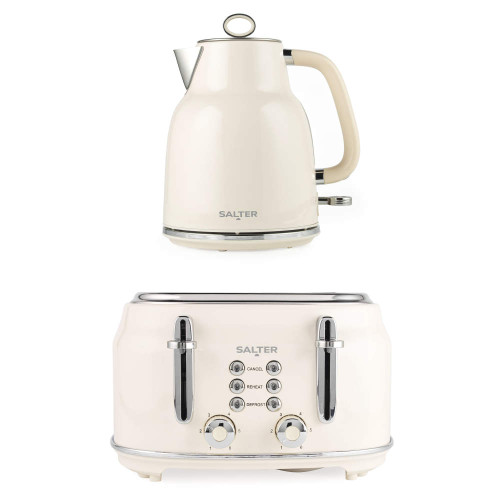 Cream Salter kettle and 4-slice toaster set, shown front view.