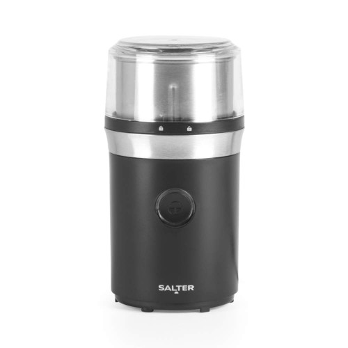 Black and silver electric coffee grinder with transparent lid, front view