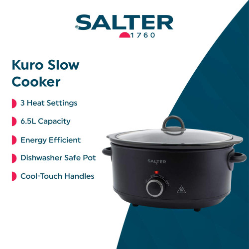 Black Salter slow cooker with glass lid, cool-touch handles, 6.5L capacity, energy efficient.