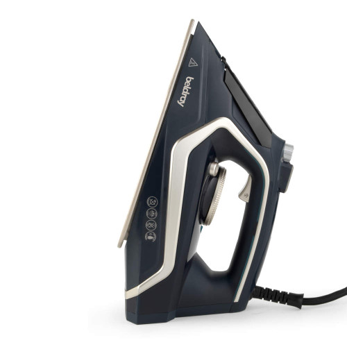 Navy and silver steam iron, side profile with power cord, temperature dial visible.