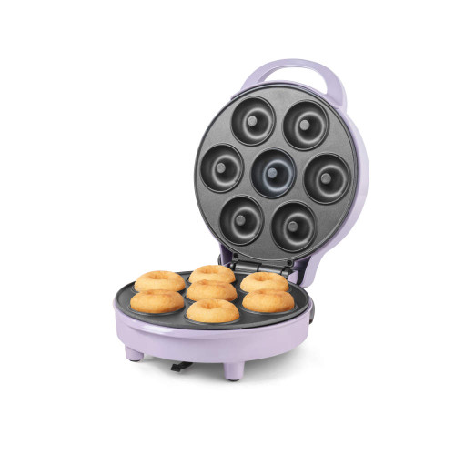 Purple mini doughnut maker with seven fresh doughnuts inside, product image