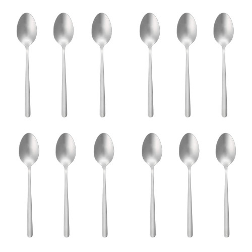 Set of twelve stainless steel dessert spoons, plain handle, shown on white background