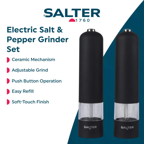 Set of two black electric salt and pepper grinders with clear base and push button operation