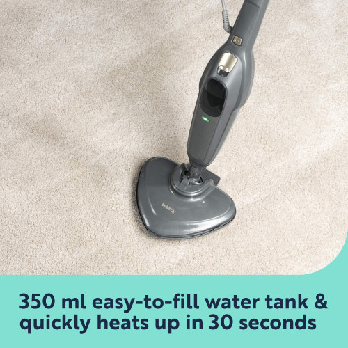 Grey steam mop on cream carpet with 350ml water tank and 30-second heat-up
