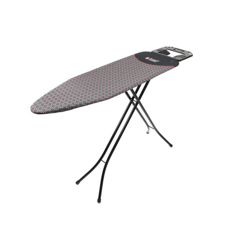 Folding ironing board with black patterned cover and iron rest