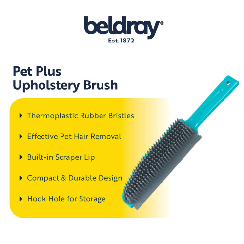 Pet Plus upholstery brush with blue handle, rubber bristles and built-in scraper for pet hair removal.