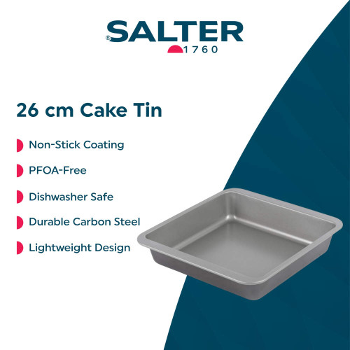 Square 26 cm non-stick cake tin, lightweight carbon steel, dishwasher safe, PFOA-free