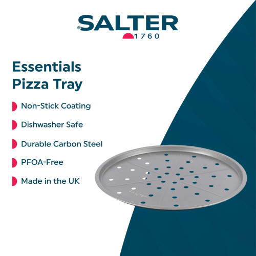 Grey non-stick pizza tray with perforated base, Essentials collection.