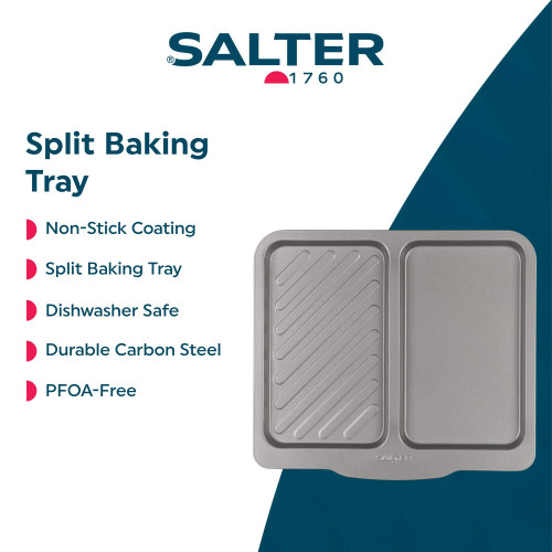 Grey split baking tray with non-stick coating and durable carbon steel, dishwasher safe.