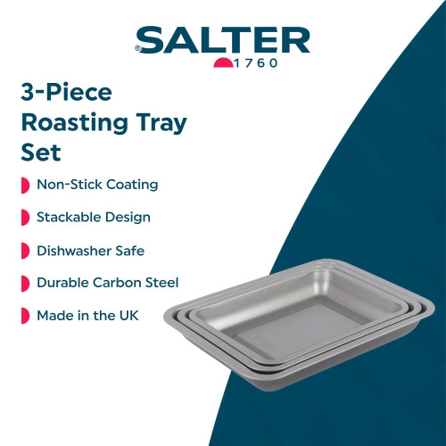 Set of three grey non-stick roasting trays, stackable and dishwasher safe.