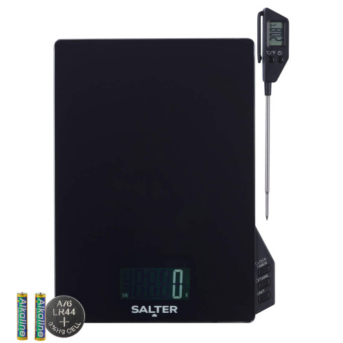Black digital kitchen scale with thermometer probe and batteries included.
