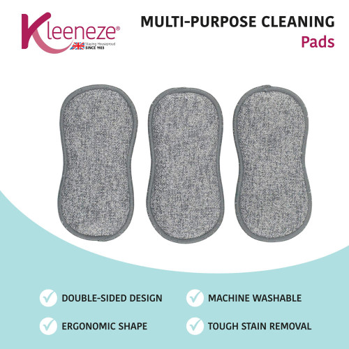 Three grey double-sided multi-purpose cleaning pads with ergonomic shape