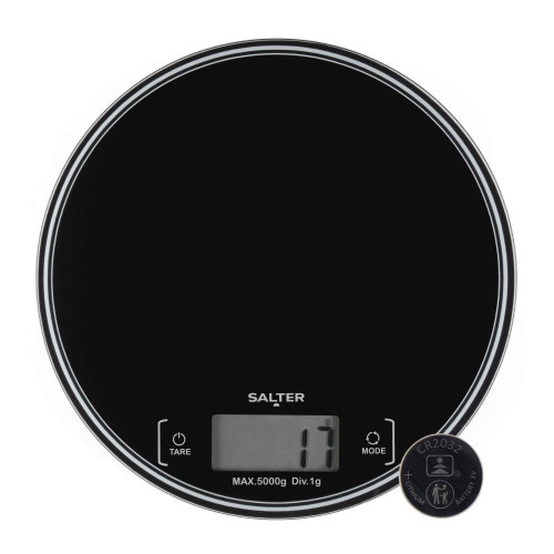 Black round digital kitchen scale with display, shown with CR2032 battery