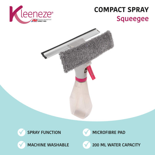 Compact spray squeegee with grey microfibre pad and spray bottle, 200ml capacity.