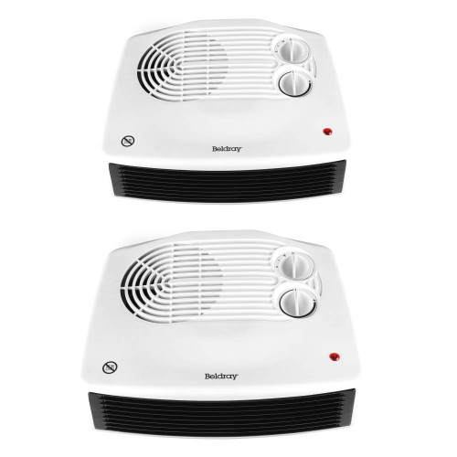Set of two white Beldray fan heaters with black grills, top view.