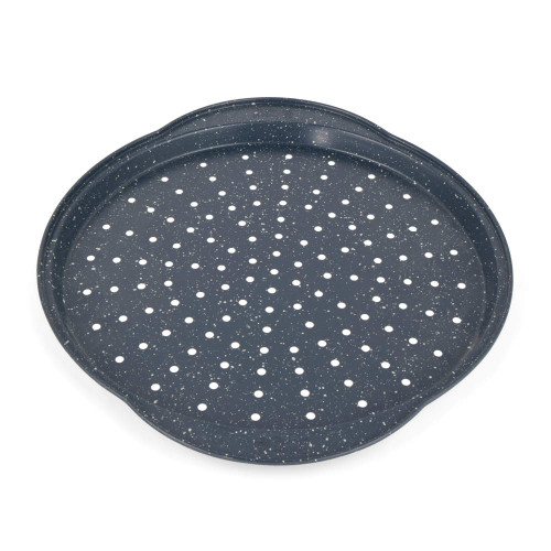 Blue perforated pizza tray with speckled finish, shown on white background