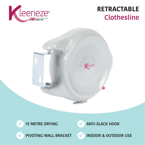White retractable clothesline with wall bracket for indoor and outdoor drying.