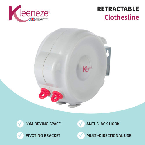 Wall-mounted retractable clothesline with double pink hooks.