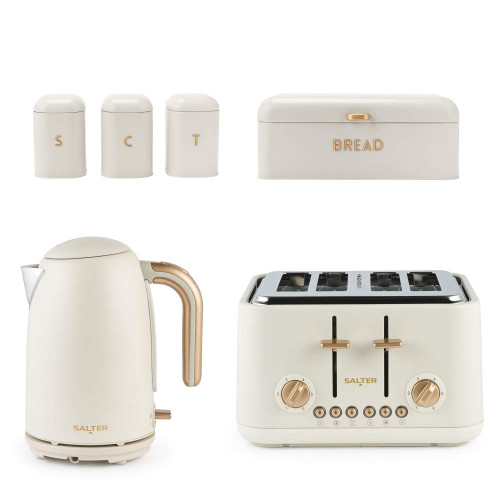 Cream kitchen set with Salter kettle, 4-slice toaster, tea, coffee, sugar jars, and bread bin