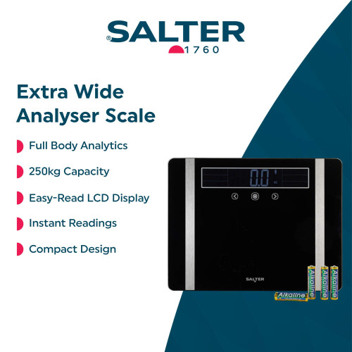 Black extra wide analyser bathroom scale with LCD display and batteries, showing 0.0 kg