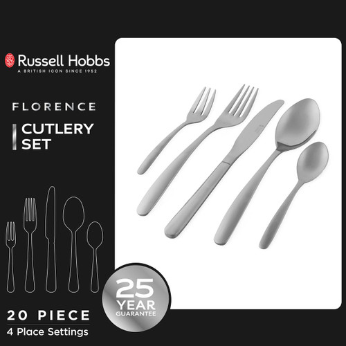 Russell Hobbs Florence 20 Piece Stainless Steel Cutlery Set, Includes Knife/Fork/Dessert Fork/Dessert Spoon/Teaspoon  RH02264EU7 5054061447057