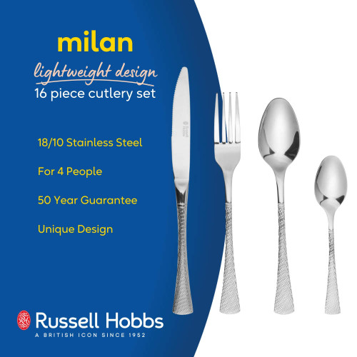 16 piece stainless steel cutlery set for 4 people, shown with knife, fork, tablespoon, and teaspoon