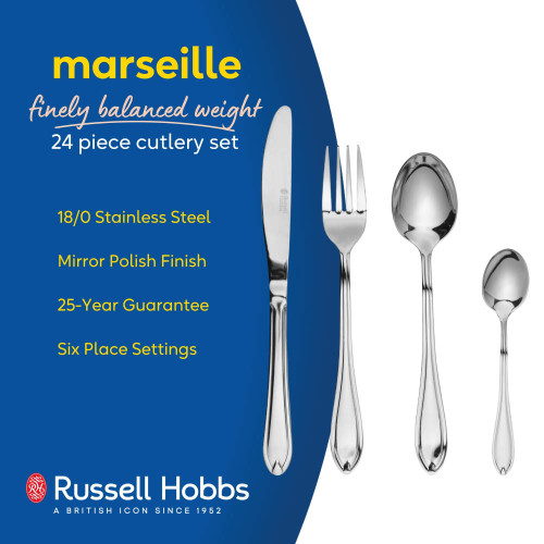 Banner: Russell Hobbs 24 piece stainless steel cutlery set with mirror finish, six place settings.