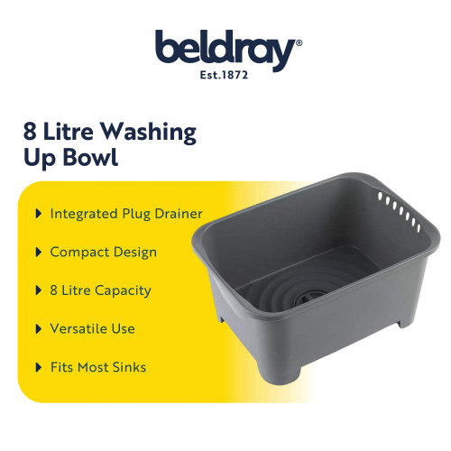 Grey 8 litre washing up bowl with integrated plug drainer, shown with compact design and versatile use.