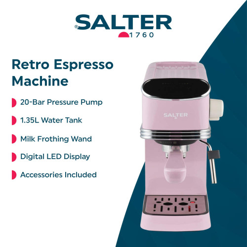 Pink retro espresso machine with milk frother, digital display, and accessories