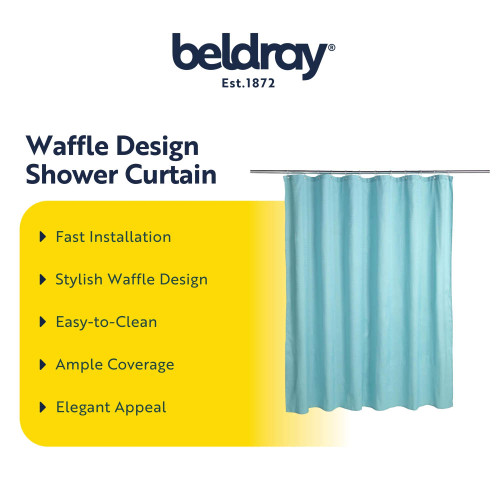 Blue waffle design shower curtain, hanging, showing textured fabric.