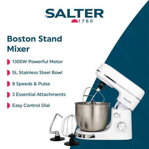 White stand mixer with 5L stainless steel bowl and 3 attachments, shown for kitchen use.