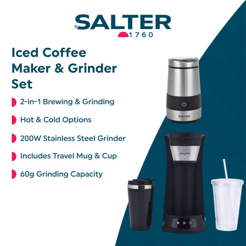 Salter iced coffee maker and grinder set with travel mug, cup and 2-in-1 brewing.