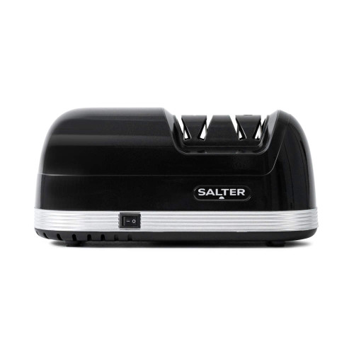 Black electric knife sharpener with Salter logo, shown from the side.