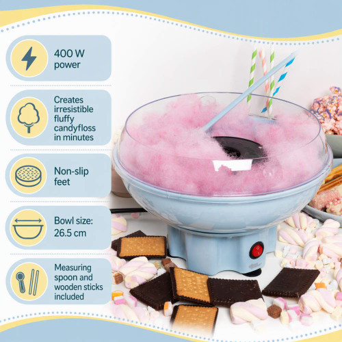 Blue candyfloss maker with pink candyfloss, measuring spoon and sticks included