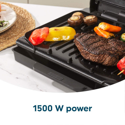 Grill plate cooking steak, peppers and mushrooms with 1500 W power text