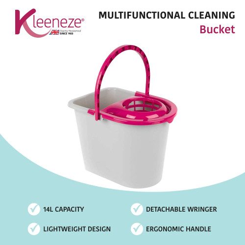White and pink cleaning bucket with detachable wringer and ergonomic handle, 14L capacity.