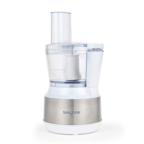 Salter food processor in white and stainless steel, shown upright with clear bowl, front view