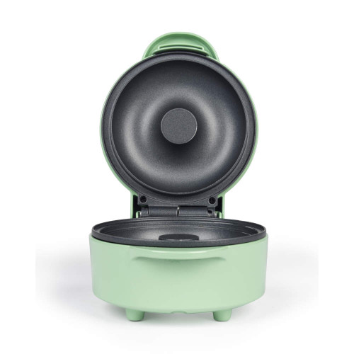 Green mini doughnut maker with open lid, showing non-stick cooking plates