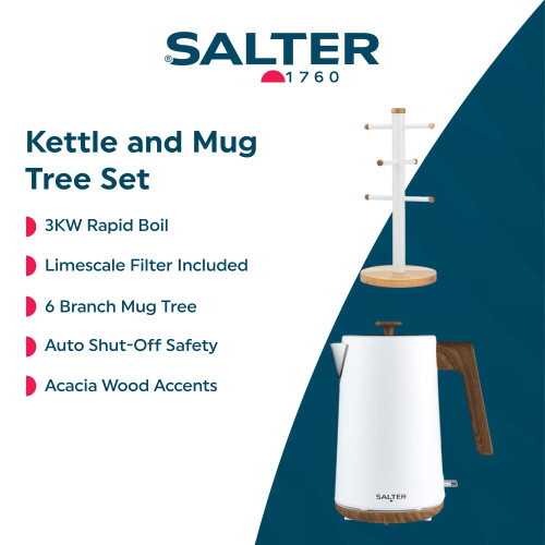 White electric kettle and mug tree set with acacia wood accents, Salter brand.