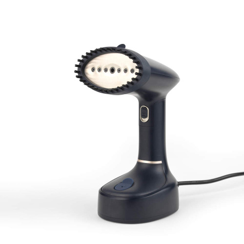 Navy handheld garment steamer with brush attachment, shown upright on white background