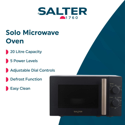 Black solo microwave oven with dial controls, 20L capacity and defrost function.