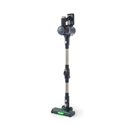 Cordless stick vacuum cleaner, navy and gold, upright with LED floor lights