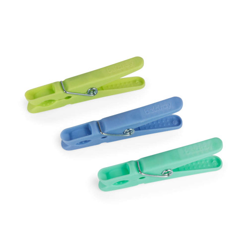Set of three Beldray plastic clothes pegs in blue, green, and light green