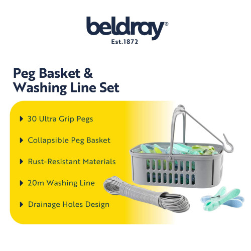 Peg basket and washing line set with 30 pegs, collapsible basket and 20m line.
