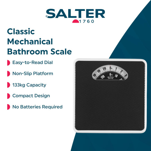 Black and white mechanical bathroom scale with easy-read dial and non-slip platform, 133kg capacity.