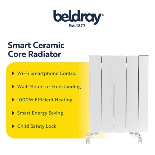 Beldray smart ceramic core radiator, white, showing key features on promo banner