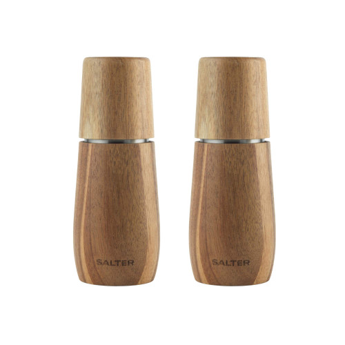 Set of two wooden salt and pepper grinders with Salter branding, shown upright.